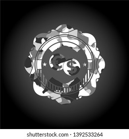 currency exchange icon on grey camouflaged texture