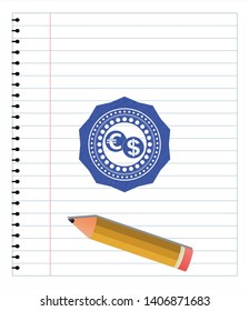 currency exchange icon pen effect. Blue ink. Vector Illustration. Detailed.