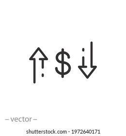 currency exchange icon, return money, rebate or loan, cash transfer, financial convert, fee refund, thin line symbol on white background - editable stroke vector eps10