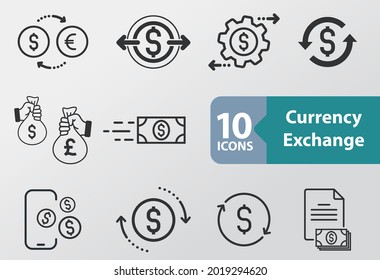 currency exchange icon set. With bank, banking, business, cash, commission, coin, loan, currency, dollar, exchange, finance icons