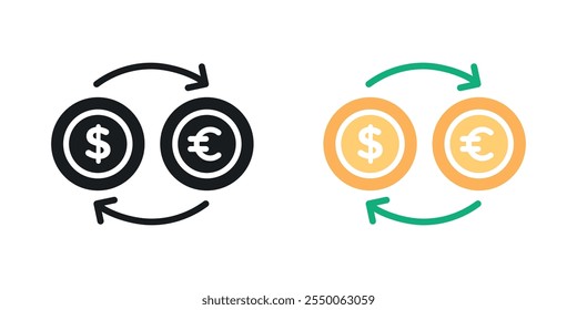 Currency exchange icon set in black and colored version
