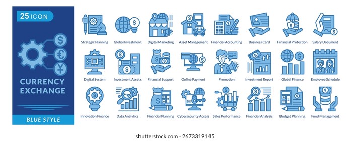 Icono de cambio de divisas en estilo azul, con inversión global, gestión de activos, marketing digital y contabilidad financiera.