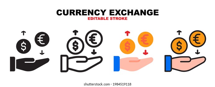 Currency Exchange icon set with different styles. Colored vector icons designed in filled, outline, flat, glyph and line colored. Editable stroke. Can be used for web, mobile, ui and more.