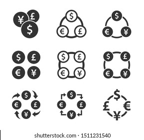 currency exchange icon set. dollar, euro, yen and pound cash transfer signs