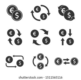 currency exchange icon set, dollar and euro cash transfer signs