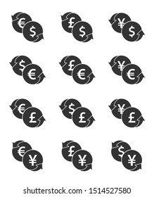 currency exchange icon set. dollar, euro, yen and pound cash transfer signs