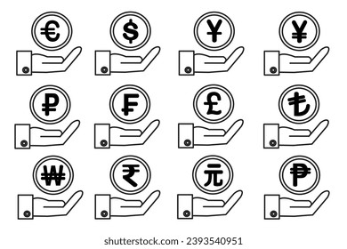 Currency exchange icon set. Dollar, euro, pound, yen, yuan, franc, rupee, peso, won, ruble, New Taiwan Dollar, lira