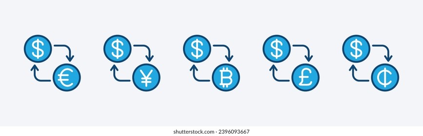 Currency exchange icon set. Money exchange icon. Arrows for transfer, sync, change, switch, replace, reverse, and swap money. Editable stroke. Vector illustration