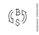 Currency Exchange icon. A sleek design of arrows encircling a Bitcoin and dollar sign, symbolizing the exchange between cryptocurrencies and fiat money. Vector illustration