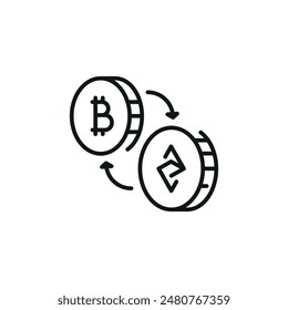 Currency Exchange icon. A sleek design of arrows encircling a Bitcoin and coin sign, symbolizing the exchange between cryptocurrencies and fiat money. Vector illustration