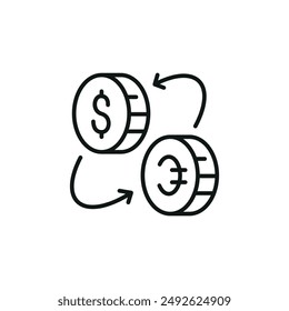 Currency Exchange icon. A sleek design of arrows encircling a Bitcoin and dollar sign, symbolizing the exchange between cryptocurrencies and fiat money. Vector illustration