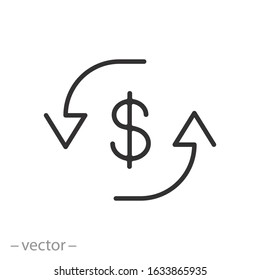 currency exchange icon, trade, return or swap money, cash back cycle, thin line web symbol on white background - editable stroke vector illustration eps10