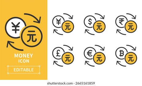 Icono de cambio de moneda Conjunto de Vectores Yuan Yen Dólar Rupia Libra Euro Bitcoin