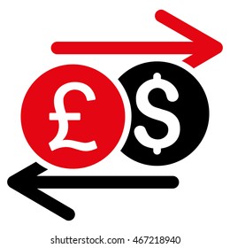 Currency Exchange icon. Vector style is bicolor flat iconic symbol with rounded angles, intensive red and black colors, white background.
