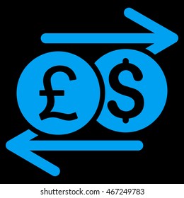 Currency Exchange icon. Vector style is flat iconic symbol with rounded angles, blue color, black background.