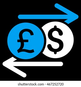Currency Exchange icon. Vector style is bicolor flat iconic symbol with rounded angles, blue and white colors, black background.
