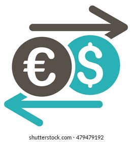 Currency Exchange icon. Vector style is bicolor flat iconic symbol, grey and cyan colors, white background.