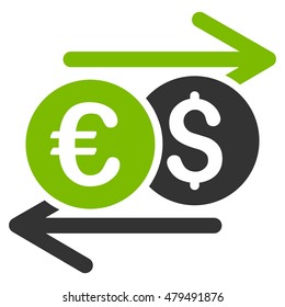 Currency Exchange icon. Vector style is bicolor flat iconic symbol, eco green and gray colors, white background.