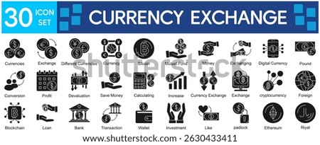 Currency Exchange Icons Collection related to Exchange, Money, Currency, Finance, Banking, Transaction, Investment, Bitcoin, Digital Currency, Foreign Currency.