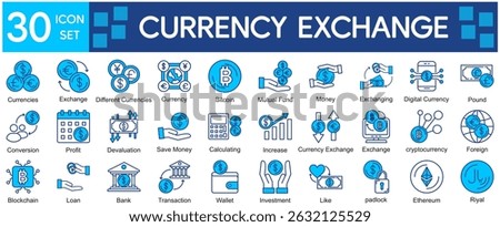 Currency Exchange Icons Collection related to Exchange, Money, Currency, Finance, Banking, Transaction, Investment, Bitcoin, Digital Currency, Foreign Currency.