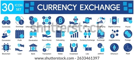 Currency Exchange Icons Collection related to Exchange, Money, Currency, Finance, Banking, Transaction, Investment, Bitcoin, Digital Currency, Foreign Currency.