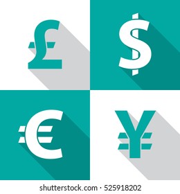 Currency exchange icons with long shadow. Dollar, euro, pound sterling and yen. Flat design style. Currency simple silhouette. Modern color icons. Web site page and mobile app design vector element.