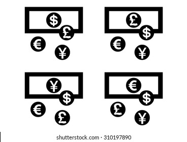 Currency exchange icon/symbol with different arrangements of currency signs.