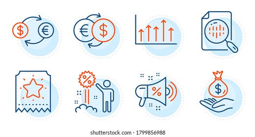 Currency exchange, Income money and Analytics chart signs. Discount, Growth chart and Loyalty ticket line icons set. Sale megaphone, Money exchange symbols. Sale shopping, Upper arrows. Vector
