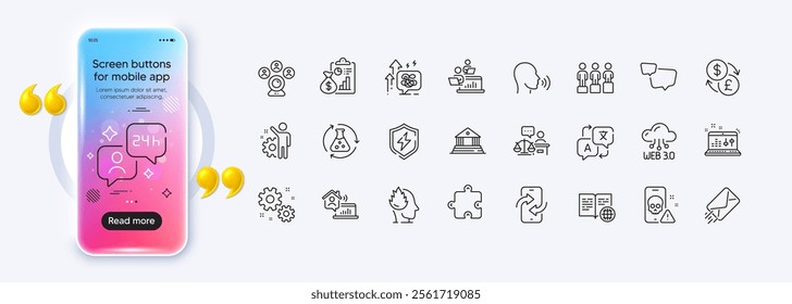 Currency exchange, Internet book and Video conference line icons for web app. Phone mockup gradient screen. Pack of Speech bubble, Consulting, Puzzle pictogram icons. Vector