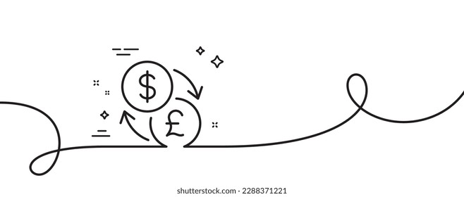 Icono de línea de cambio de moneda. Una línea continua con curl. Señal de dinero de Dólar a Libra. Convertir símbolo de moneda. Banda de esquema único de cambio de moneda. Patrón de curva de bucle. Vector