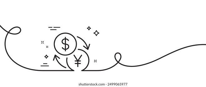 Icono de línea de cambio de moneda. Línea continua con rizo. Signo de dinero de dólar a yen. Convertir símbolo de moneda. Cinta de esquema único de cambio de moneda. Patrón de curva de bucle. Vector