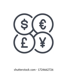 Currency Exchange line icon. Dollar, Euro, Pound and Yuan vector outline sign.