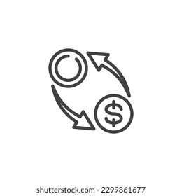 Icono de línea de cambio de moneda. Monedas en dólares y flechas de estilo lineal signo para concepto móvil y diseño web. Icono de vector de esquema de transferencia de dinero. Símbolo, ilustración del logotipo. Gráficos vectoriales