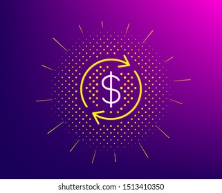 Currency exchange line icon. Halftone pattern. Money Transfer sign. Dollar in rotation arrow symbol. Gradient background. Usd exchange line icon. Yellow halftone pattern. Vector
