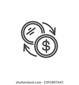 Icono de línea de cambio de moneda. signo de estilo lineal para concepto móvil y diseño web. Icono vectorial del esquema de cambio de dinero en dólares. Símbolo, ilustración del logotipo. Gráficos vectoriales