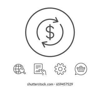 Currency Exchange Line Icon. Money Transfer Sign. Dollar In Rotation Arrow Symbol. Hold Report, Service And Global Search Line Signs. Shopping Cart Icon. Editable Stroke. Vector