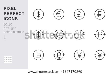 Currency exchange line icon set. Dollar, euro, pound, russian ruble, yen, bitcoin minimal vector illustration. Simple outline money signs for financial application. 30x30 Pixel Perfect Editable Stroke