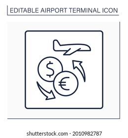 Currency exchange line icon.Pointer. Places for exchange, sell and buy foreign money. Shop, kiosk. Airport terminal concept. Isolated vector illustration.Editable stroke