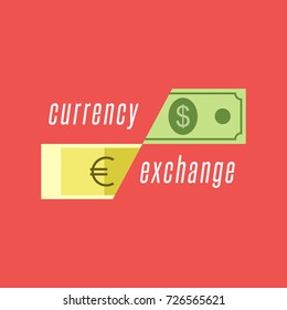 Currency exchange logo, dollar bill and euro banknote illustration in a flat style. Cash currency transactions financial services banner.