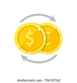 Currency exchange logo, flat vector illustration. Coin with dollar, euro sign and arrows