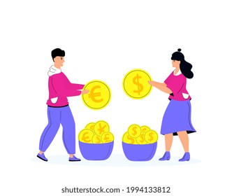 Currency exchange. Man and woman change dolars and euros