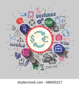 Currency exchange. Money bag collage with icons background. Vector illustration