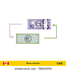 Currency exchange, money exchange. Canadian dollar banknote.