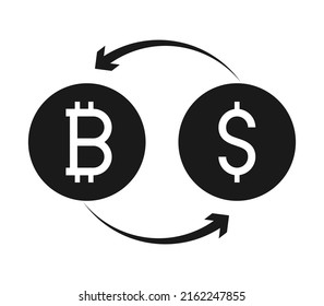 Currency exchange. Money conversion. Bitcoin to dollar icon concept isolated on transparent background. Vector illustration. Color editable