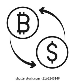 Currency exchange. Money conversion. Bitcoin to dollar icon concept isolated on transparent background. Vector illustration. Color editable