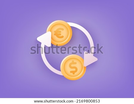 Currency exchange. Money conversion. Euro to dollar icon concept. 3D Web Vector Illustrations.