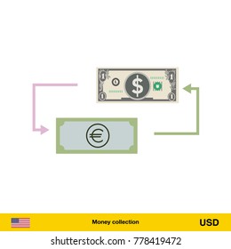 Currency exchange, money exchange. Dollar banknote.