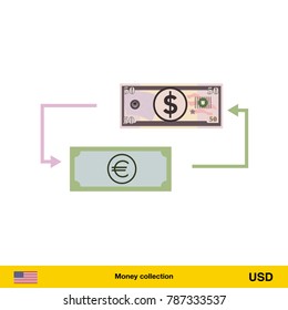 Currency exchange, money exchange. Dollar banknote.