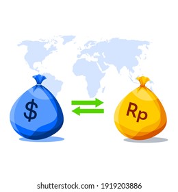 Currency exchange, money exchange. dollar to rupiah and world map