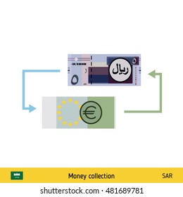 Currency exchange, money exchange. Saudi Arabian Riyal banknote. 